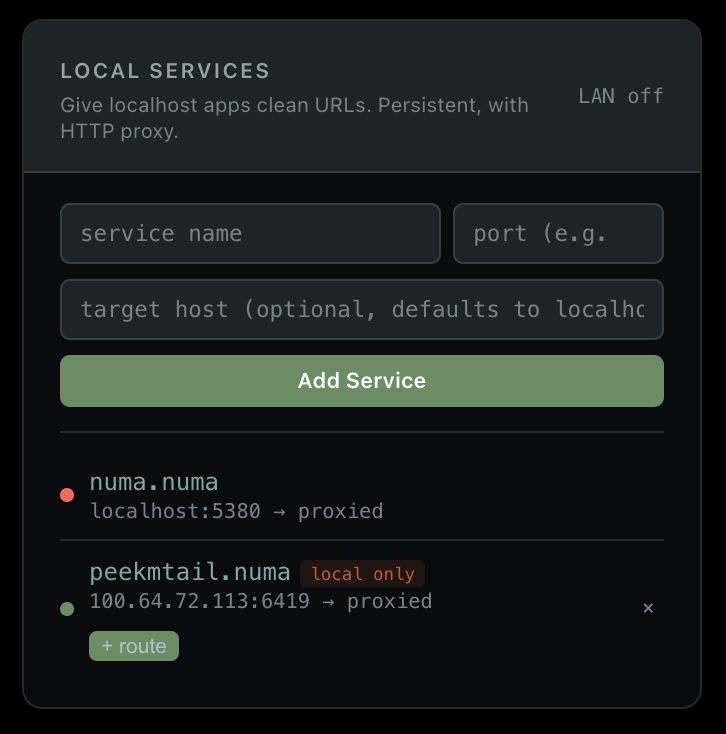 Numa dashboard Local Services panel: peekmtail.numa registered with target 100.64.72.113:6419, proxied